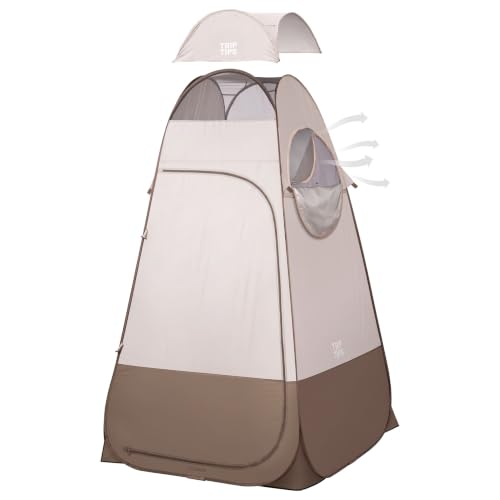 TRIPTIPS Pop Up Shower Tent with Floor Changing Tent with Mesh Window Camping Shower Tent 6.9 FT Privacy Tent for Portable Toilet Outdoor Portable Dressing Room, Removable Rain Cover/UPF 50+ (Khaki)