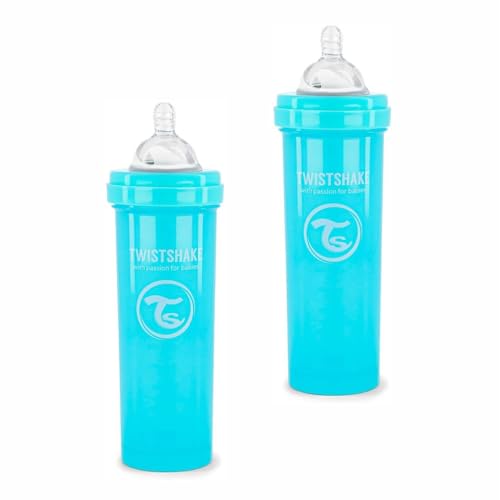 2 x Twistshake Anti-Colic Baby Bottles | Unique Mixer Net Prevents Clumping & Separation of Milk & Drinks | Silicone Breast-Like Nipple BPA Free, Includes Dispenser Container | 4+ Months, 330ml, Blue