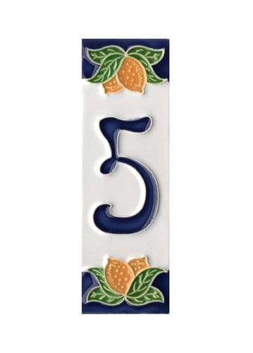 Números de casa italianos, números y letras de cerámica, diseño de limón, tamaño del azulejo: 10 cm x 3,5 cm, 3 a 6 marcos de azulejos (número 5)