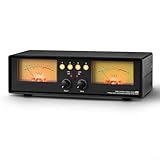 Audio-Pegelanzeige mit zwei analogen VU-Metern und Stereo-Mikrofoneingängen für professionelle Überwachung und Quellumschaltung (gelbe Hintergrundbeleuchtung)
