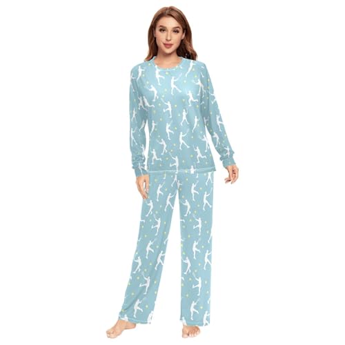 Fustylead Tennis Player Silhouette on Blue Background Unisex Pajamas Set Long Sleeve 2 PCS Lounge Nightwear Pjs for Men Women