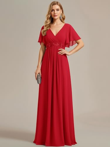 Image of Ever-Pretty Women's Spring Short Sleeve Bridesmaid Dresses V-Neck Chiffon Ruched Empire Waist Appliques Long Formal Dress