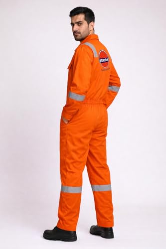Image of Indian Oil Work Coverall Dungaree, Two Way Zipper, Orange with Reflective Tape, Full Body Protection Workwear