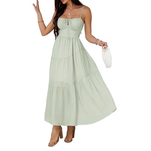 Sumleno Summer Spring Dresses for Women 2026 Corset Spaghetti Strap Flowy Maxi Dress Vacation Beach Wedding Guest Outfits (Sage Green,Medium)