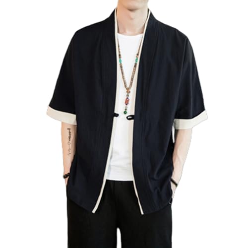 Men's Cotton Linen Cardigan Jackets Casual Lightweight 3/4 Sleeve T Shirt Kimono Shirt