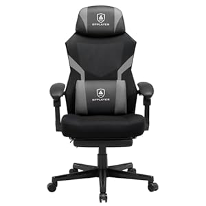 GTPLAYER Gaming Stuhl mit Fußstütze, ergonomischer Bürostuhl mit Netzrückenlehne, Schreibtischstuhl Gaming Sessel aus Stoff für Zuhause und Büro (grau)