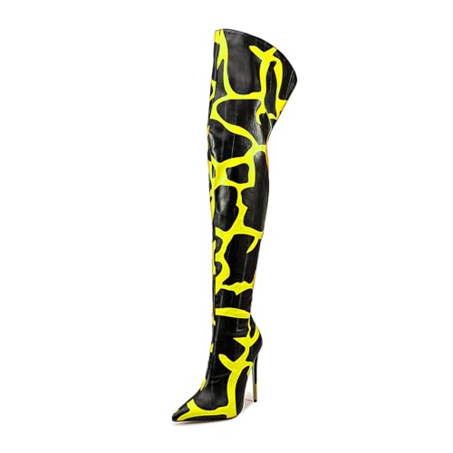 Image of Thigh high boots for women striped Back zipper Burgundy Zebra Print Over the knee Sexy gold white pointed toe Cow Print leopard Magenta stiletto heel