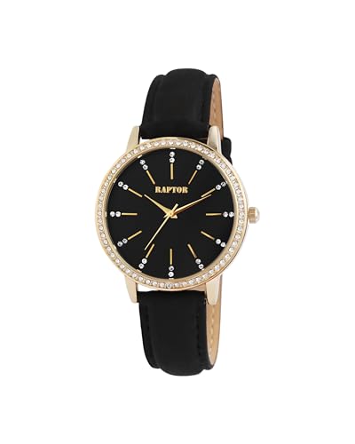 Raptor Damen-Uhr Echt Leder Armband Strass Glitzer Elegant Analog Quarz RA10176 (schwarz/goldfarbig)
