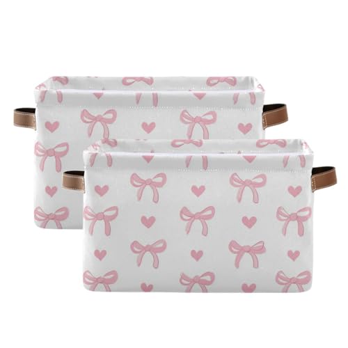 Image of Aslsiy Storage Basket Cute Coquette Pink Bow Nursery Bins White Baby Box Canvas Clothes Shelf Basket Laundry Hamper 2 Pcs