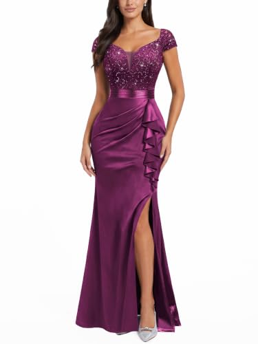 Image of Miusol Women's Vintage V-Neck Slim Ruffle Split Evening Formal Maxi Dress