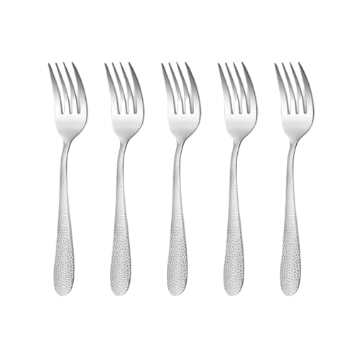 Image of 6.7 inch Sterling Silver Hammered Salad Forks | Set of 5 Durable Stainless Steel Fruit Forks | Mirror Polished Silverware for Home, Restaurants, and Gift Giving