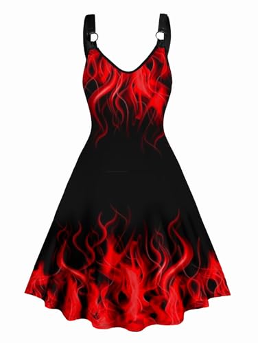 Image of DRESSFO Couple Matching Hawaiian Outfits Gothic Print V Neck Spaghetti Strap Dress or Roll Up Sleeve Shirts Outfit