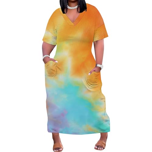 Image of SUZONANA Plus Size Dresses for Curvy Women Maxi Dress Tie Dye Oversized Summer Outfits Short Sleeve Long Casual Sundresses 5XL