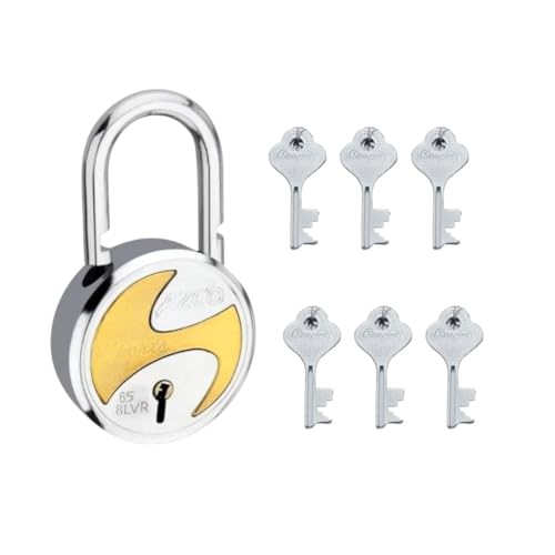 Image of Azco Round Locks 65mm 6 Keys, Steel 8 Levers Double Locking, Lock and Key for Home Door Shutter Shop Office Main Gate, Gold Silver Finish, Made in India (Pack of 1)