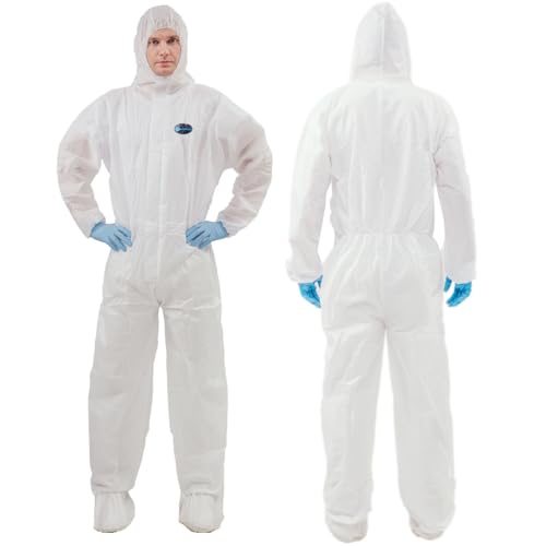 2 Pack Vicogard Hazmat Suits, SMS Breathable Disposable Coveralls, Front Zipper Elastic Waistband & Cuffs Ankles, Painters Suit for Men & Women with Hood for Hospitals, Laboratories, Medical
