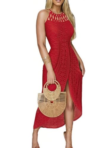 LOVESHOOT Halter Sundresses for Women 2025 Summer Hollow Out Ruched