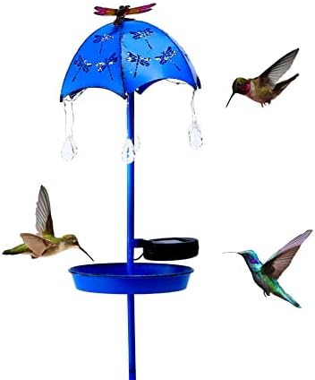 Hummingbird Feeder for Outdoors Solar Bird Feeder Metal Humming Bird Feeder Wild Bird Seed Feeder with Umbrella Raindrop LED Dynamic Light (Blue)