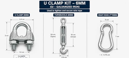 Image of Heavy Duty 4MM PVC Coated Wire Rope Kit | 7x7 GI Steel Cable with Snap Hooks, U Clamps & Turnbuckle | Rustproof Clothesline Wire for Balcony, Gym & Outdoor Use (15 Meter /49.2 Feet)