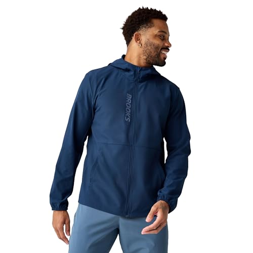 Brooks Men’s Canopy Jacket, Lightweight Wind & Water Resistant, Breathable, UPF 50+, with Reflectivity & Stretch Fabric for Running - Midnight Run - Medium
