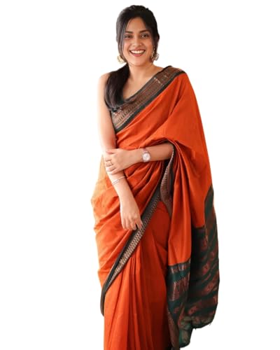 Image of Women's Kanjivaram Cotton Silk Saree South Indian Paithani Sari | gadwal cotton sarees with Zari Border and Blouse Piece - Suitable For All Indian Occasions and Festivals 191