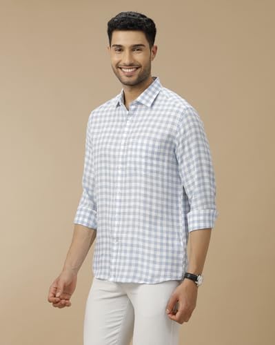 Image of Linen Club Men's Pure Linen Blue Checked Contemporary Fit Half Sleeve Casual Shirt