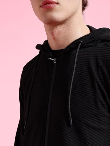 Image of The Indian Garage Co Men Regular Fit Self Design Front Open Hooded Sweatshirt