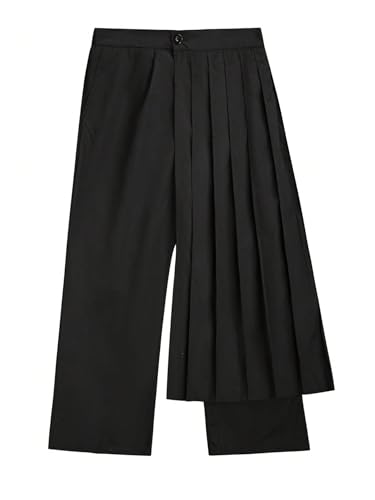 OYOANGLE Men's Skirt Pants Loose Wide Leg Asymmetrical Pleated Japanese Harajuku Kimono Trousers2
