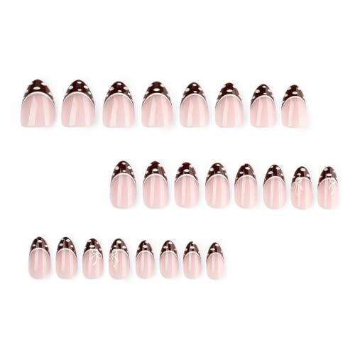 Image of Polka Dot Press on Nails Brown French Tip Fake Nails Short Almond Nails