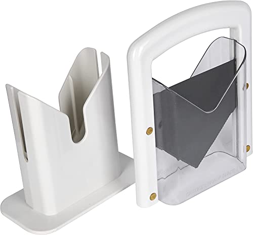 Hoan The Original Bagel Guillotine Slicer - 9.25-Inch Stainless Steel Blade Slicer - Safe and Efficient Easy Bagel Cutter for Muffins, Rolls, Buns with Precision Ground Serrated Blade (White)