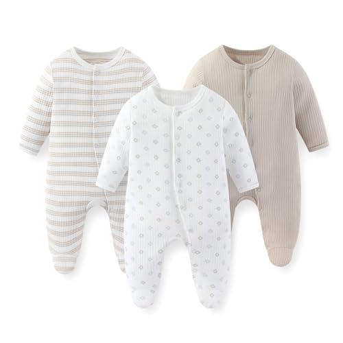 Image of JELYLOVE Unisex Baby Boy Girl Footies Rompers Cotton Long Sleeve 3 Pack Infant Jumpsuits 0-12Months Babies' Outfits