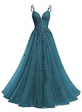Beyonddress Robe de soirée en tulle pailleté longue pour femmes - Robe de bal avec applications en dentelle - Col en V - Robe de bal de promo pour femmes, bleu sarcelle, 40