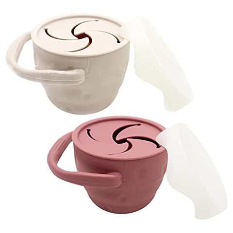 GZWY 2PCS Snack Catcher Cup Pot With Lid For Toddlers Baby Silicone Non Spill Snack Container Snack Holders Durable Easy To Clean Portable Foldable Snack Cup For Travels Or Playdates (Pink+Beige) Cover