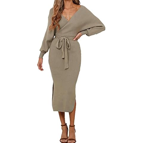 Flybony Womens V-Neck Sweater Dress Long Sleeve Wrap Slit Maxi Dress with Belt Khaki Cover