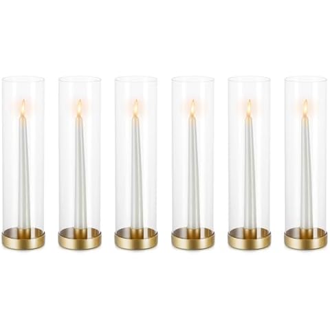 NUPTIO Hurricane Glass Candle Holders: 6 Pcs Gold Metal Taper Candlesticks Holder with 11.81 inch Long Clear Bottomless Cylinder Cover Stands for Wedding Anniversary Bridal Shower Table Centerpiece Cover