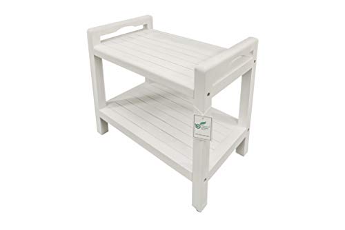 CoastalVogue Eleganto Teak Shower Stool with LiftAid Arms and Shelf, 24 inches, Driftwood - Image 6