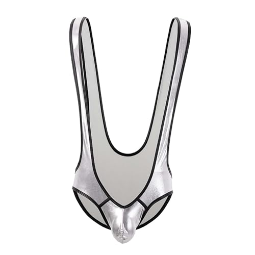 Cambkatl Men's Metallic Suspender Wrestling Singlet Jockstraps Stretch One-Piece Jumpsuit Sissy Faux Leather Leotard Bodysuit