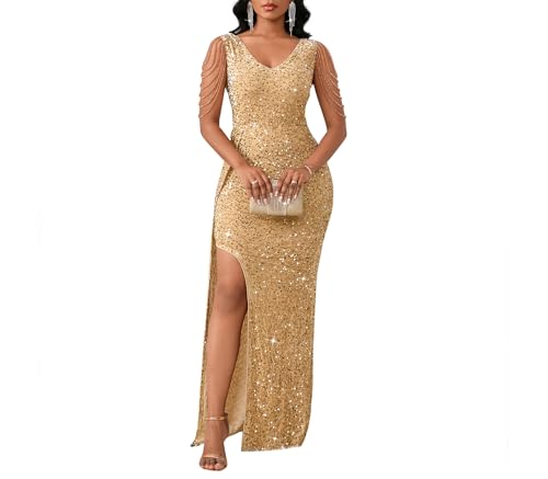 Cololura Women Sexy Elegant Sequin V Neck Tassel Mermaid Bodycon Formal Party Gowns Evening Maxi Dress