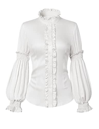 Womens Vintage Victorian Shirts Renaissance Medieval Long Sleeve Stand Collar Blouse Lotus Ruffled Tops