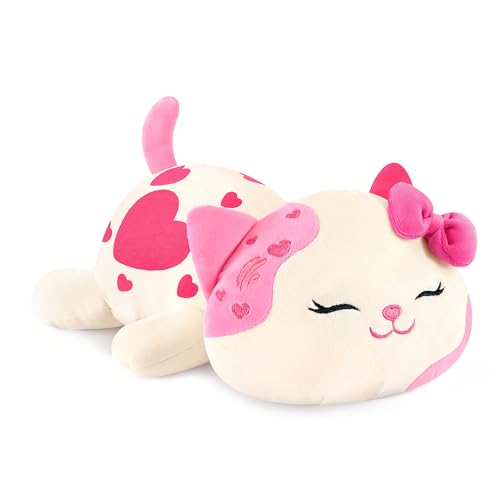 shownicer Peluche chat - Doudou Kawaii - Coussin en peluche - Jouet chaton - Cadeau pour adultes et enfants de 3 ans et plus (blanc et rose, 23 cm)