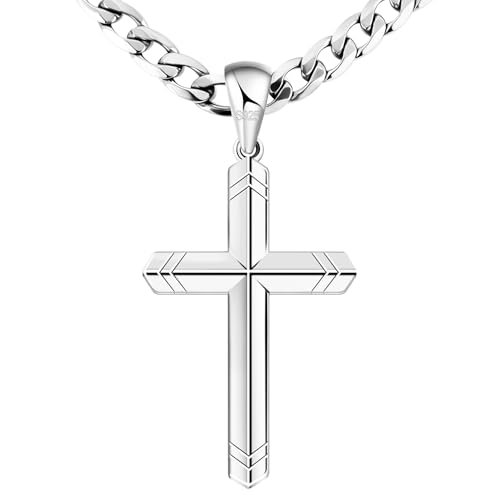 925 Sterling Silver Cross Necklace for Men, 18k Gold Over Real Silver Cross Pendant Necklace with 4.5MM Durable Stainless Steel Cuban Link Curb Chain Shiny Cross Necklaces 16-28 Inches