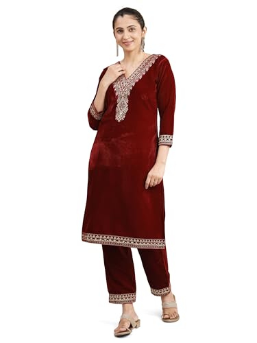 Kurta pour femme en velours premium brodé main avec pantalon coupe droite