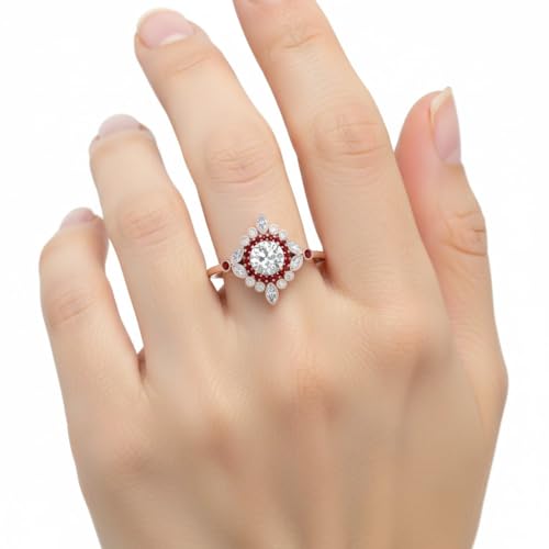 Image of 55Carat Choose Your Gemstone Round Halo Floral Engagement Ring Rose Gold Plated Round Shape Vintage Engagement Rings Everyday Jewelry Wedding Jewelry Handmade Gifts for Wife US Size 4 to 12