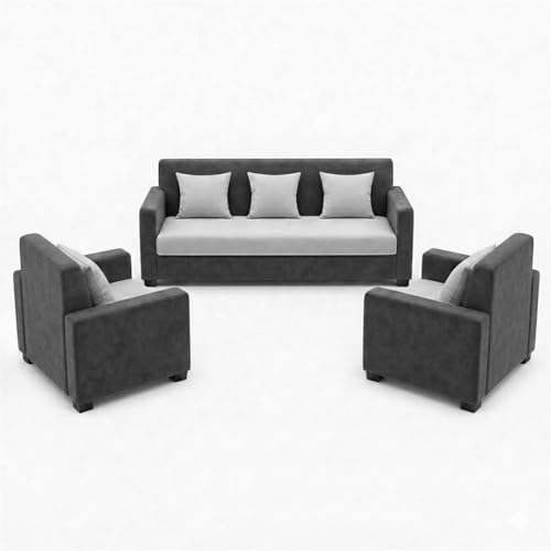 Image of FURNY Lexon 3 Seater + 1 Seater + 1 Seater Fabric Sofa Set (Dark Gray-Light Gray) with Velvet Finish | Durable Comfort | Ideal for Living Room