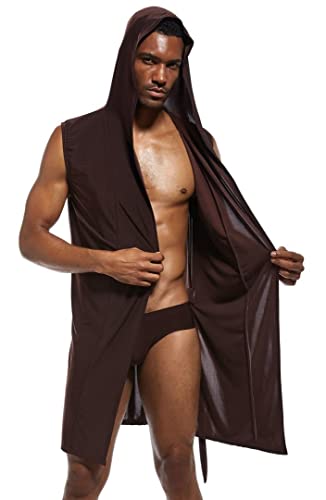 Mendove Men's Silky Sexy Sleeveless Summer Robe Hooded Bathrobe4