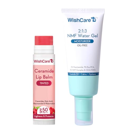 Image of WishCare Lip & Face Hydration Combo | Tinted Lip Balm SPF 50 PA+++ with Kojic Acid & Niacinamide + NMF Water Gel Moisturizer with Niacinamide & CICA | Brightening, Oil Control & Deep Hydration