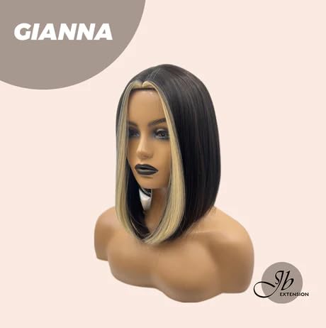 Miniatura 4 de GIANNA - Peluca negra de corte Bob con piezas de dinero rubias, pelucas rectas sin pegamento para mujer, pelucas sintéticas naturales para uso