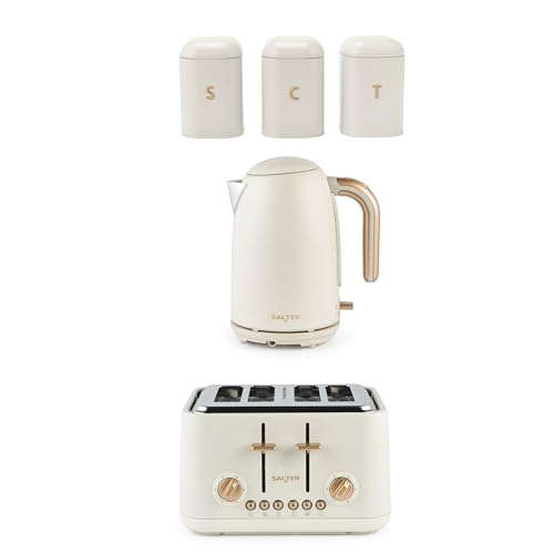 Salter Pebble Kettle Toaster & Countertop Set - 1.7L Fast Boil Electric Water Kettle 4-Slice Toaster with 6 Browning Levels Tea Coffee Sugar Canisters Powder Coated Carbon Steel Stone