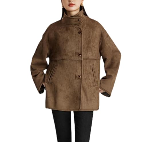 XIMO Women's Suede Jacket with Faux Fur Lining Vintage Longline Winter Coat Warm Plush Lined Outerwear Retro Leather Jacket2