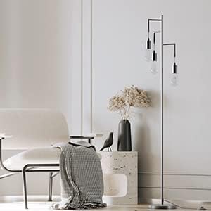 SUNMORY Farmhouse Industrial Floor Lamp for Living Room, Standing Tree Floor Lamp with 3 Edison Led Bulbs, Rustic Floor Lamps for Living Room, Bedroom, Black Floor Tall Lamp for Living Room, Office