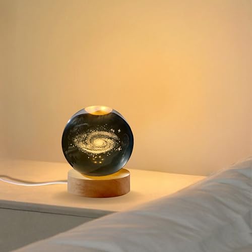 Image of 3D Milky Way Crystal Ball Night Light with Wooden Base, Table Lamp